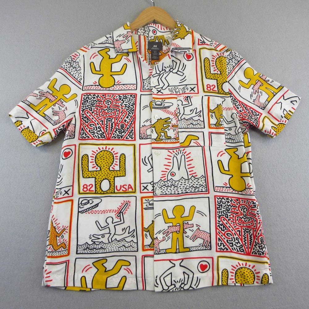 H&M‎ x Keith Haring Shirt Men S White Pop Art All Over Print Button Up Viscose